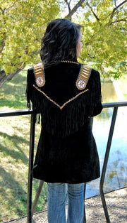 Women Two Tone Western Fringed Queen Coat - Hand Beading, Lacing and Long Fringe - #Kilts Boutique#